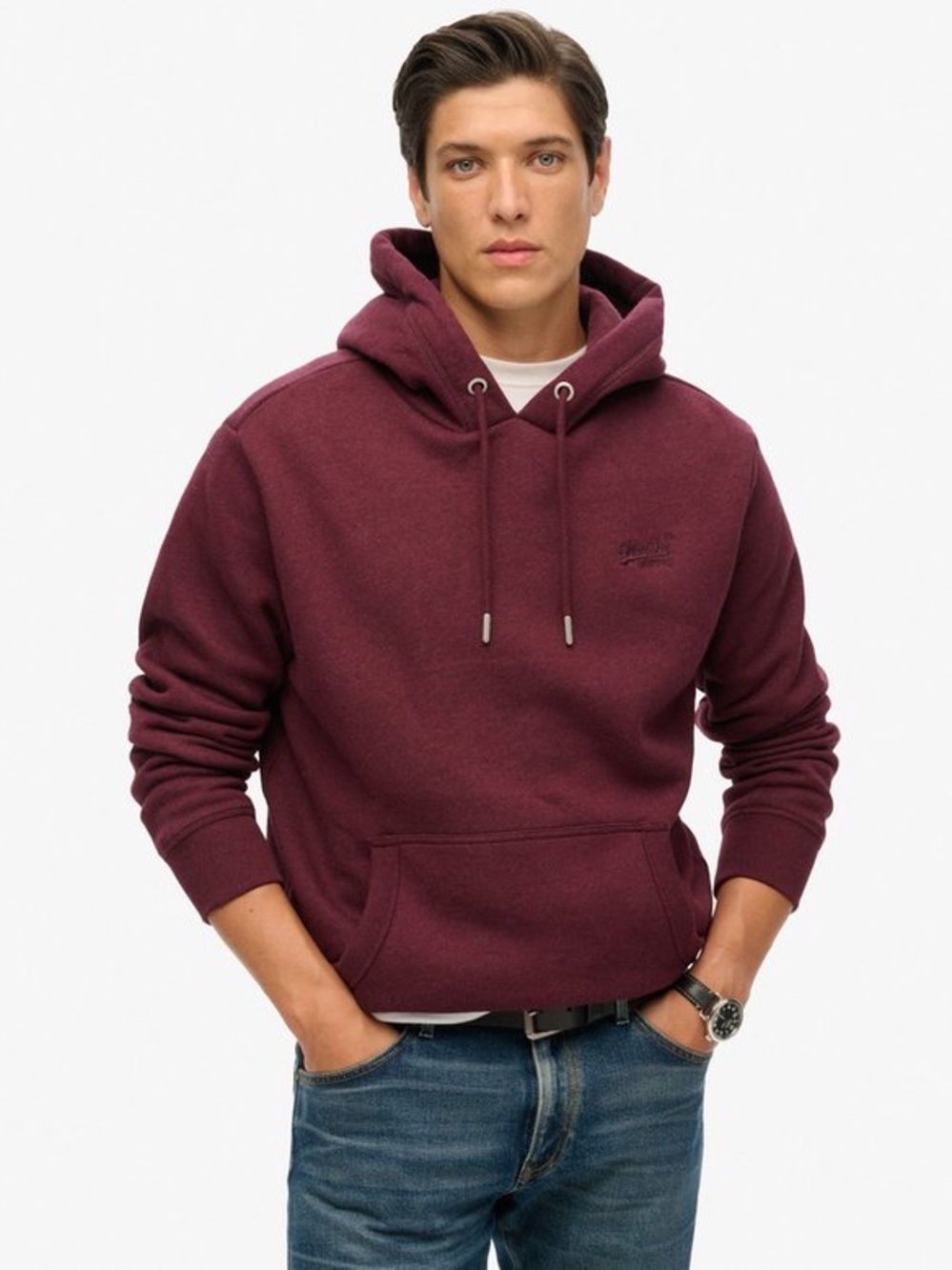 Superdry Mens Essential Logo Hoodie Burgundy Marl Pullover Sweatshirt Size Small